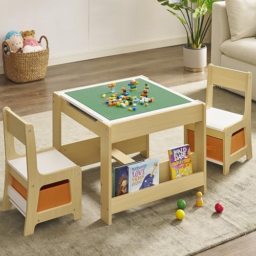 GTOLV Kids Table and Chair Set, 3 in 1 Wooden Activity Table with Storage Drawer for Toddlers Drawing, Reading, Crafts, 2 in 1 Detachable Tabletop Table Set for Nursery, Playroom