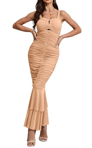 CHARTOU Women's Sleeveless Strappy Prom Party Evening Ruched Bodycon Mermaid Fishtail Maxi Dress