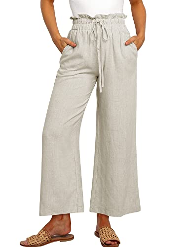 ANRABESS Women Linen Pants Casual Loose High Waist Boho Wide Leg Cropped Palazzo Beach Pants Summer Outfits 2025 Trendy Beige Large