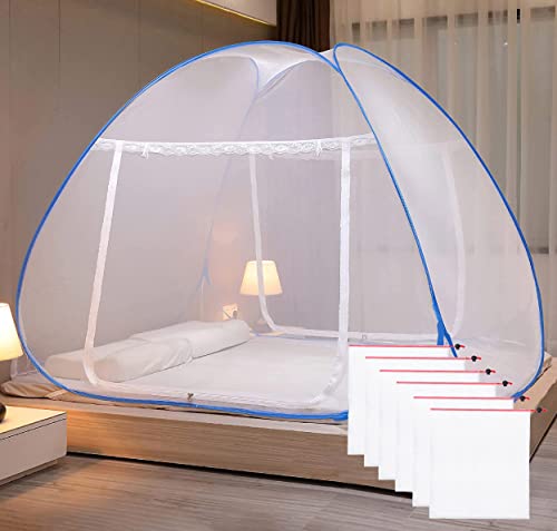 Evafly Mosquito Net for Double Bed | King Size Foldable Machardani with 6 Food Bags | Polyester 30GSM Strong Net | PVC Coated Corrosion Resistant Steel Wire - Blue