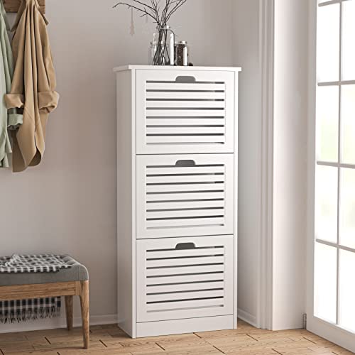 TENNTOU Shoe Storage Cabinet With Flip Drawers, Free Standing Rack, White Wood Slim Organizer for Entryway, Hallway, Bedroom