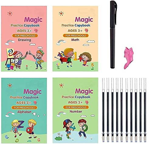 Magic Book For Kids | Calligraphy Book & Reusable Notebook | 4 BOOK +1 PEN + 10 REFILL | Magical Book ,Tracing Books For Kids Ages 3-5 | ABCD Writing Practice For Kids