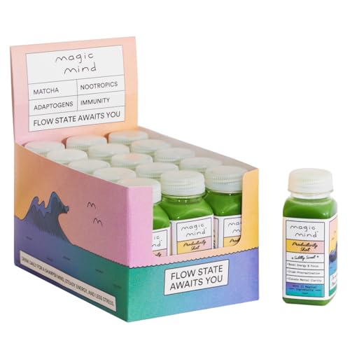 Magic Mind Energy and Focus Drink Shots - Stress Relieving, No Jitters, Ashwagandha, Vitamin B12, Vitamin C, Matcha Green Tea, Functional Mushrooms - 2 FL Oz (15 Pack)