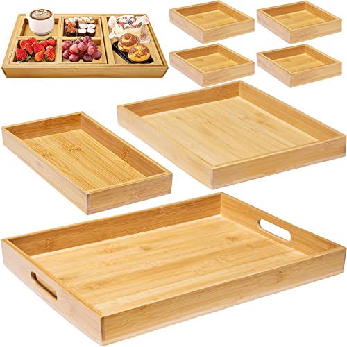 Wooden Serving Trays with Handle - Set of 7 - Large, Medium, Small and Mini - Nesting Multipurpose Trays - for Breakfast, Coffee Table/Butler & More - Light & Sturdy Tray