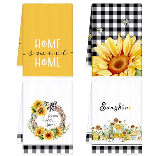 Bencailor 4 Pcs Sunflower Kitchen Towels Summer Fall Flower Floral Sea Beach Lemon Hand Dish Towels Fast Drying Decor Housewarming Gift for Cooking Kitchen Bathroom