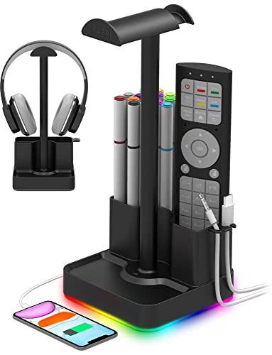 KAFRI RGB Headphone Stand with USB A&C Charger Desk Gaming Headset Holder Hanger Rack with 3 USB Charging Port and 2 Outlet - Suitable for Gamer Desktop Table Game Earphone Accessories Boyfriend Gifts