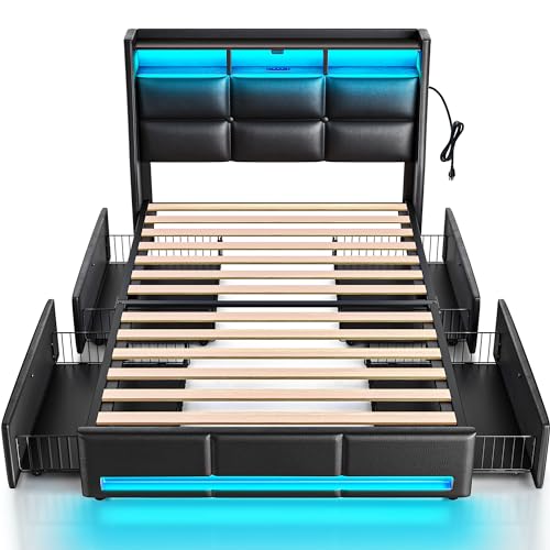 Rolanstar Bed Frame with LED Lights and Charging Station, Upholstered Bed Storage Headboard & Drawers, Heavy Duty Wood Slats, Easy Assembly