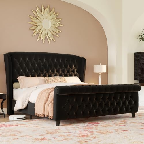 LUXOAK Upholstered Sleigh Bed with Curved Headboard & Footboard, Deep Button Tufted, Wood Slats Support, No Box Spring Needed