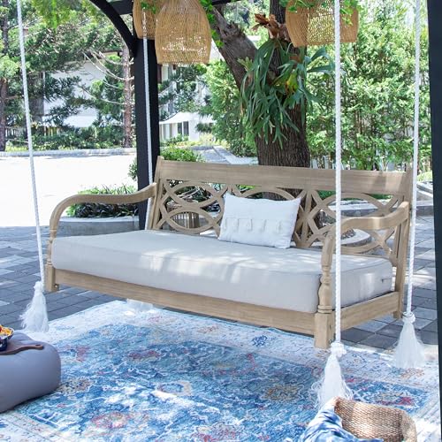 Cambridge Casual Renley Mahogany Porch Swing Bed with Oyster Cushion – Outdoor Hanging Swing Daybed for Patio, Backyard, or Garden – Durable Solid Wood, Weather-Resistant