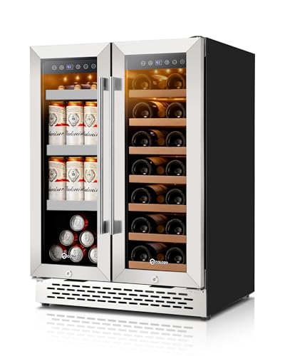 24 Inch Wine and Beverage Refrigerator Under Counter, Dual Zone 20 Bottles & 88 Cans Beverage Fridge with Stainless Steel Tempered Glass Door, Built-in/Freestanding Mini Fridge for Office/Bar/Kitchen
