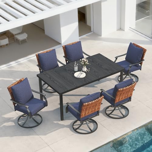 Grand patio Outdoor Dining Set, Steel Leather-Look Resin Wicker Swivel Patio Chairs & Dining Table, Black