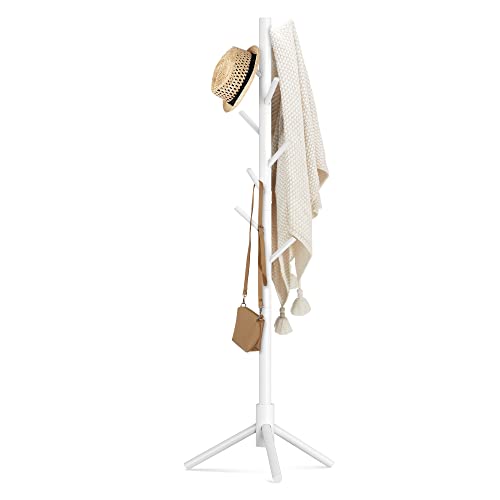 Haddockway Wooden Coat Rack Stand with 8 Hooks New Zealand Pine 3 Adjustable Coat Standing Tree Easy Assembly for Coats, Hats, Scarves and Handbags for Entryway, Hallway, Bedroom, Office