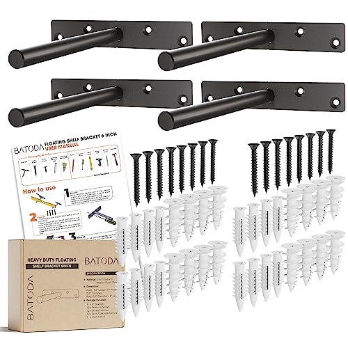 BATODA 6" Floating Shelf Bracket Heavy Duty (4 pcs) – Solid Steel Blind Shelf Supports - Hidden Brackets for Floating Wood Shelves - Blind Shelf Support - Shelving Mounting Hardware Included (Pack 4)