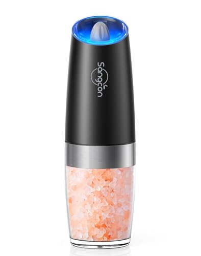 Sangcon Gravity Electric Salt and Pepper Grinder Set Battery Powered Refillable One Hand Operation, Adjustable Coarseness Automatic Mill Grinders Shakers Set