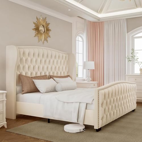 LUXOAK Platform Bed Frame with Wingback Headboard, Velvet Upholstered Bed Frame with Handmade Button Tufted & Nailhead, Wooden Slats Support, No Box Spring Needed