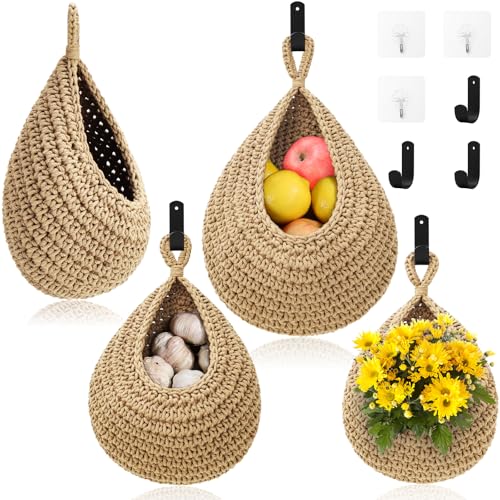 Hanging Fruit Baskets for Kitchen - 3 Pack Boho Wall Hanging Basket with 6 Pcs Strong Hooks, Handwoven Hanging Holder Teardrop Home Produce Basket for Fruits Vegetable Potato Onion Storage