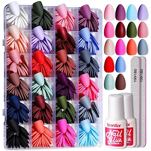 Short Square Press on Nails, Teenitor 576pcs Short Fake Nails with Nail Glue, 24 Colors