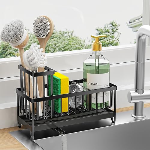 Cisily Black Sponge Holder for Kitchen Sink, Sink Caddy Organizer with High Brush Holder, Kitchen Countertop Organizers and Storage Essentials, Rustproof 304 Stainless Steel, Soap Dispenser Organize