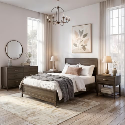Plank+Beam Contempo Solid Wood Full Bed Frame with Panel Headboard, Modern Platform Bed with Wood Slat Support, No Box Spring Needed, Clay