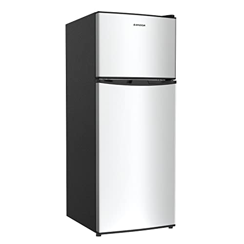 BANGSON 4.0 Cu.Ft Small Refrigerator with Freezer, Small Fridge with Top Freezer, for Apartment, Bedroom, Dorm, and Office, Double Door, Stainless Steel, Silver