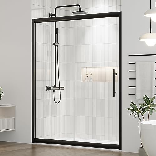 DELAVIN 57-59 in.W x 75 in.H Semi-Frameless Sliding Shower Door, Glass Shower Door with Easy Sliding Rollers, SGCC Clear Tempered Shower Glass Door with Explosion-Proof Film