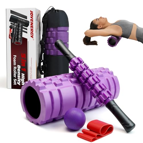 JOYENERGY 5 in 1 Foam Roller Set Trigger Point Foam Roller, Massage Roller Stick, Massage Ball, Stretching Strap for Deep Muscle Massage Pilates Yoga, Fitness Exercise for Whole Body