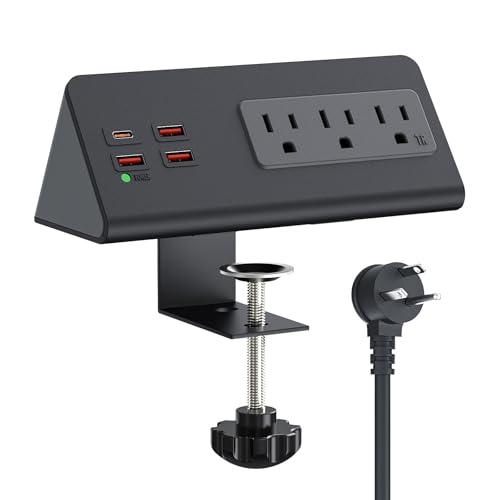 Desk Power Bar with PD 20W USB C, Haiaoyyds Nightstand Power Strip with 3 Outlets, 4 USB Ports, Desk Charging Station Connect 6.56FT Flat Plug, Desktop Power Supply for Office, Home (Black)