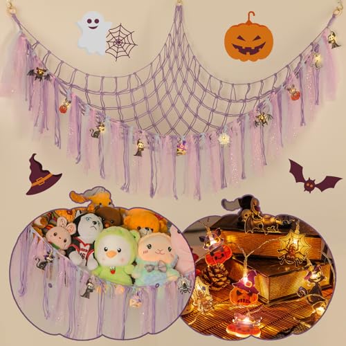 YELIENM Stuffed Animals Net or Hammock with LED Light, 59 inch Toy Hammock Net for Stuffed Animals Corner Hanging Stuffed Animal Storage Stuffed Animal Holder for Nursery Kids Bedroom…