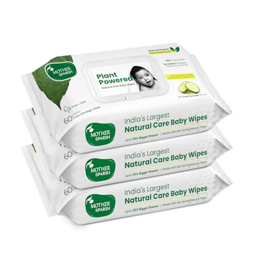 Mother Sparsh Natural Care Baby Wipes I 100% Plant Made Fabric From Forest Land | Fresh + Cleanse (with Cucumber) Plant Powered Wet Wipes For Baby I Cotton Cloth Like Bigger Sheets | 60 Pcs (Pack of 3)