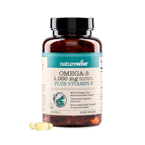 NatureWise Extra-Strength Omega 3 Fish Oil Supplement - 1000mg per Serving - 600 EPA & 400 DHA and Vitamin E - Support for Heart & Brain Health - Lemon Flavor, GMO-Free - 60 Softgels[1-Month Supply]