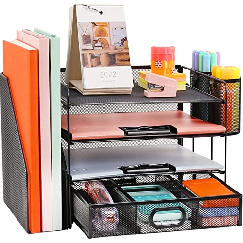 Desk Organizer with File Holder, 4-Tier Letter Paper Tray Organizer with Drawer & 2 Pen Holders, Desk Organizers and Accessories, Mesh Desktop File Organizer and Storage for Office Supplies