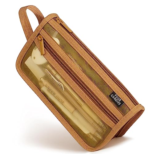 Four Candies Grid Mesh Pencil Case with Handle and Zipper, Clear Double-layer Pencil Pouch Marker Pouch