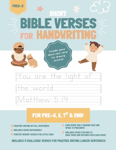 Handwriting Practice Book for Kids (Short Bible Verses): Penmanship and Writing Workbook for Pre-K, Kindergarten, 1st, and 2nd Grade: Learn by Tracing ... for Kids; Homeschool Handwriting Practice