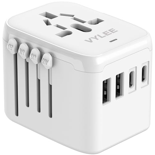 VYLEE Universal International Power Travel Plug Adapter, 5 in 1 European Travel Plug Adapter W/ 3.5A 2xUSB-A and 2xUSB C Wall Charger and Worldwide AC Outlet for Europe USA UK AUS Asia