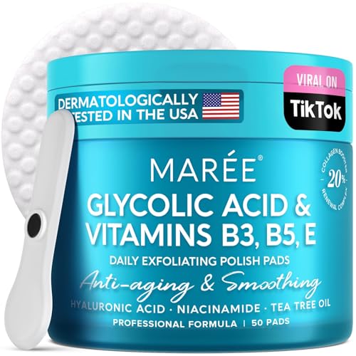 MAREE Glycolic Acid Pads - Toner Pads for Face Cleansing - Tea Tree Oil, Salicylic Acid & Vitamins E, B3, B5 - Facial Peel & Radiance Deep Cleaning Effect - 50 Count