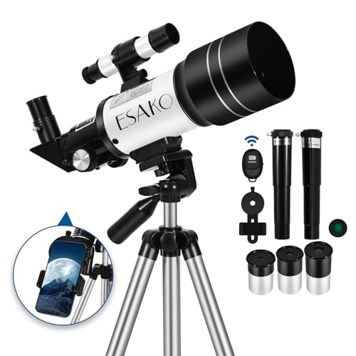 ESAKO Telescope for Kids & Beginners, 70mm Aperture Portable Telescopes with 3 Eyepieces, Height Adjustable Tripod & Phone Adapter & Remote Control Gift for Christmas