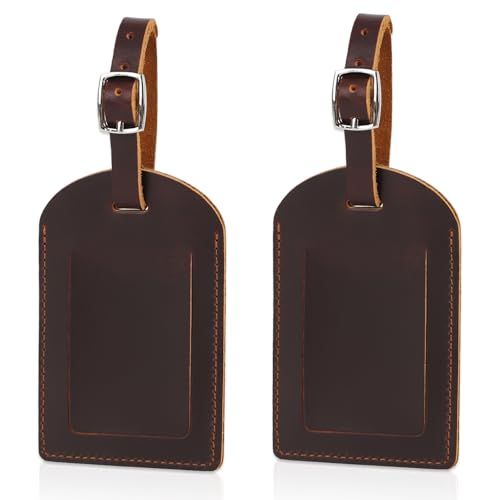 Ringsun Genuine Leather Luggage Tag for Suitcases ID Tags Bag Tags for Luggage (2 Pack, Red Coffee)