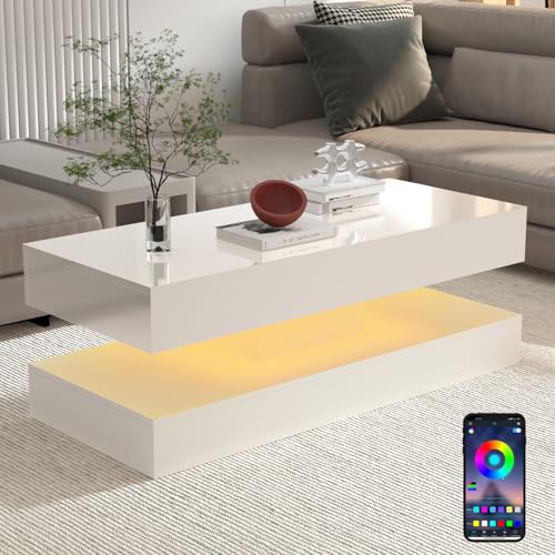 Uspeedy Modern Coffee Table, 47.25" x 20" x 16.54", Black/White, LED Lights