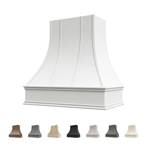 Riley & Higgs White Wood Kitchen Range Hood Cover, Curved Front Wall Mount Vent Hood, Decorative Strapping & Classic Trim, Plywood with Maple, 49.5” W x 36” H