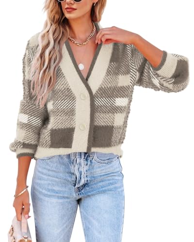 Imily Bela Womens Cardigan Sweaters Plaid Fuzzy Knit V Neck Button Down Long Sleeve Cozy Cardigans Pullover Tops