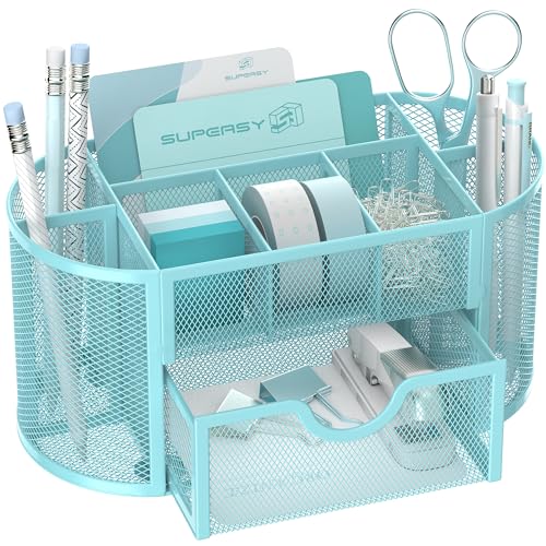 SUPEASY Mesh Desk Organizer, Desk Accessories & Workspace Organizers with Drawers, Pencil Holder for Desk with 9 Compartments for Office Suppliess, 8.6 x 4.3 x 4.1 Inch, Black