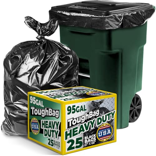 ToughBag 95-96 Gallon Trash Bags Heavy Duty (25 Count) - Extra Large Black Garbage Can Liners for 90-100 Gallon Cans - Made in USA