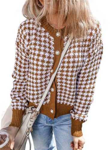 Dokotoo Cardigan Sweaters for Women V Neck Button Down Long Sleeve Plaid Knit Cardigans Sweater Tops