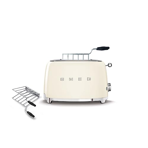 SMEG TSF01 2-Slice Toaster with TSSR01 Sandwich Rack Combo – Includes 2 Sandwich Racks, 6 Browning Levels, Reheat/Defrost/Bagel Functions, Extra-Wide Slots, Retro Style (Cream)