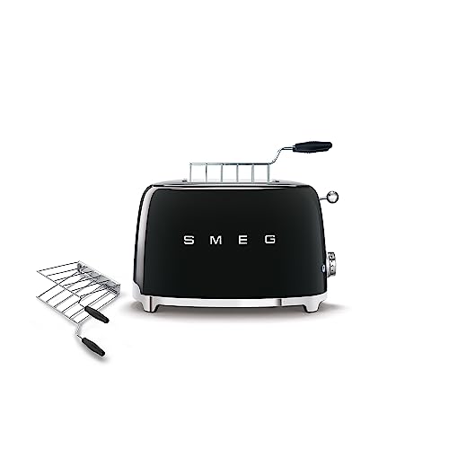 SMEG TSF01 2-Slice Toaster with TSSR01 Sandwich Rack Combo – Includes 2 Sandwich Racks, 6 Browning Levels, Reheat/Defrost/Bagel Functions, Extra-Wide Slots, Retro Style (Black)