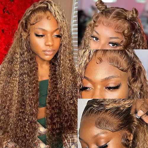 ZZMDS 30 Inch 13x6 Deep Wave Lace Front Wigs Human Hair Pre Plucked 4/27 Highlight Ombre Colored Glueless Wigs Water Wave Honey Blonde Lace Frontal Wigs Human for Women with Baby Hair