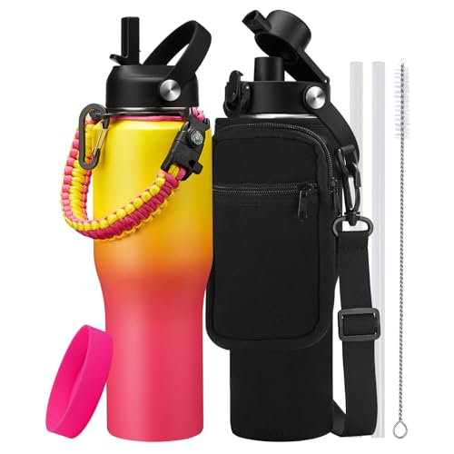 32 oz/40 oz Insulated Tumblers Metal Water Bottles - with Paracord Handle, Waterbottle with Straw & Auto Spout Lid, Insulated Water Cup Fit Car Cup Holder, Vacuum Travel Mug Iced Cold 48h or Hot 24h