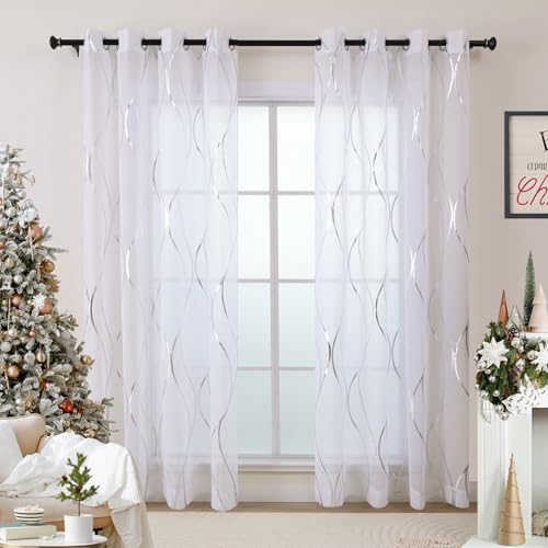 L.Z.E White Linen Textured Sheer Curtains, Light Filtering Gold and Silver Foil Printed Semi Sheer Curtains for Living Room Nursery Kids Room, Cute Gold Star Silver Star Window Panels