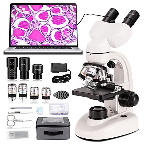 Compound Binocular Microscope, WF10x and WF25x Eyepieces,40X-2000X Magnification, LED Illumination Two-Layer Mechanical Stage
