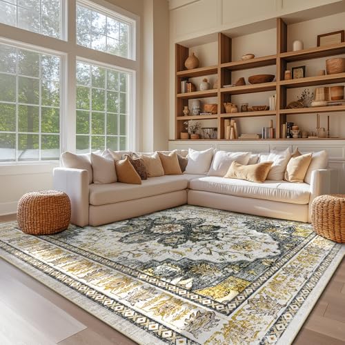 BESTSWEETIE Area Rug Washable Rugs for Living Room, No Pile Boho Carpet for Entryway Bedroom Dinning Room, Vintage Carpet Print Distressed Non-Slip